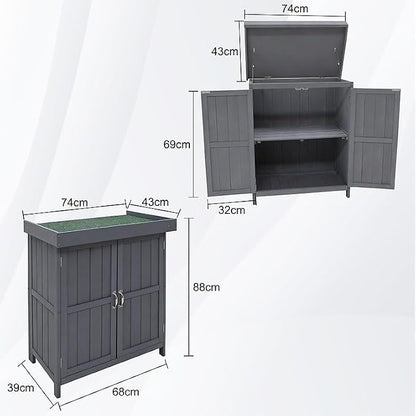 Wooden Garden Potting Shed with Lift Up Roof & Double Doors Outdoor Garden Storage Cabinet with Shelf Compact Wooden Tool Storage for Patio, Balcony & Allotment