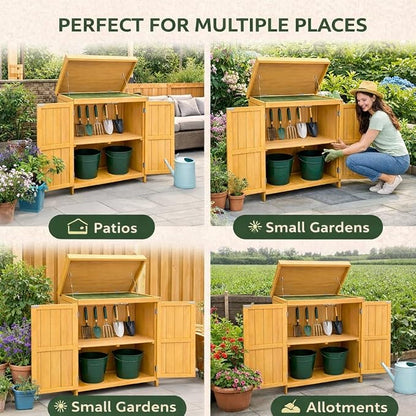 Wooden Garden Potting Shed with Lift Up Roof & Double Doors Outdoor Garden Storage Cabinet with Shelf Compact Wooden Tool Storage for Patio, Balcony & Allotment