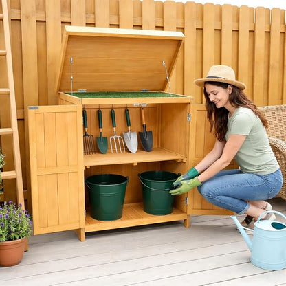 Wooden Garden Potting Shed with Lift Up Roof & Double Doors Outdoor Garden Storage Cabinet with Shelf Compact Wooden Tool Storage for Patio, Balcony & Allotment