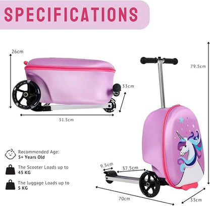 2 in 1 Kids Scooter Suitcase Cabin Approved  Foldable Ride On Travel Luggage with Non Slip Deck, Lightweight 18 Inch Carry-On Suitcase for Children 5+ Years