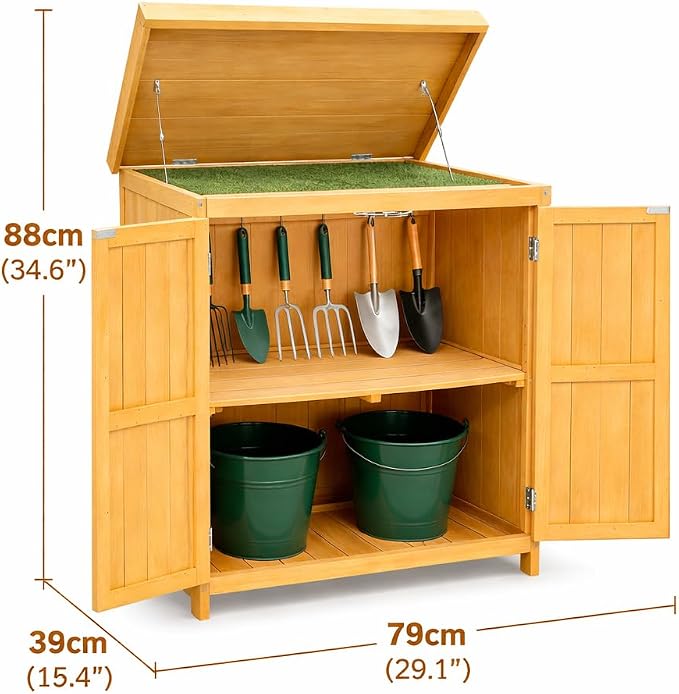 Wooden Garden Potting Shed with Lift Up Roof & Double Doors Outdoor Garden Storage Cabinet with Shelf Compact Wooden Tool Storage for Patio, Balcony & Allotment