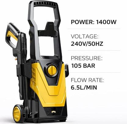 1400W Electric Pressure Washer 105 Bar  Portable High Pressure Jet Washer with 6.5L/Min Water Flow, 5M Hose, Detergent Bottle & Auto Start/Stop for Car, Patio & Outdoor Cleaning