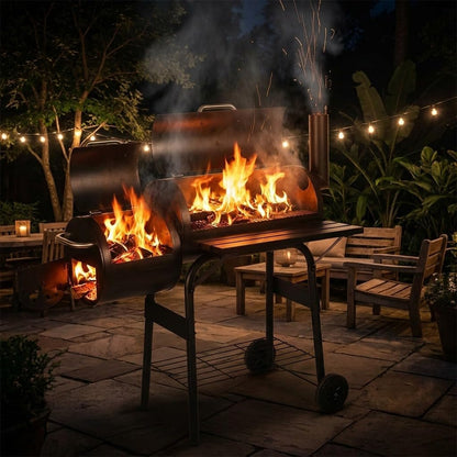 Outdoor Charcoal BBQ Grill with Rotisserie, Large Cooking Surface, Folding Side Tables & Wheels  Heavy Duty Garden Barbecue Smoker for Patio, Backyard & Outdoor Cooking