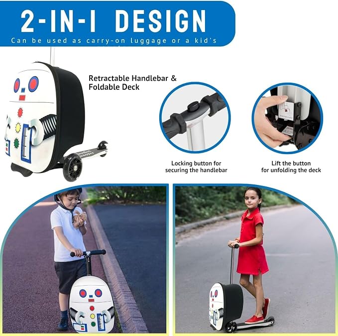 2 in 1 Kids Scooter Suitcase Cabin Approved  Foldable Ride On Travel Luggage with Non Slip Deck, Lightweight 18 Inch Carry-On Suitcase for Children 5+ Years