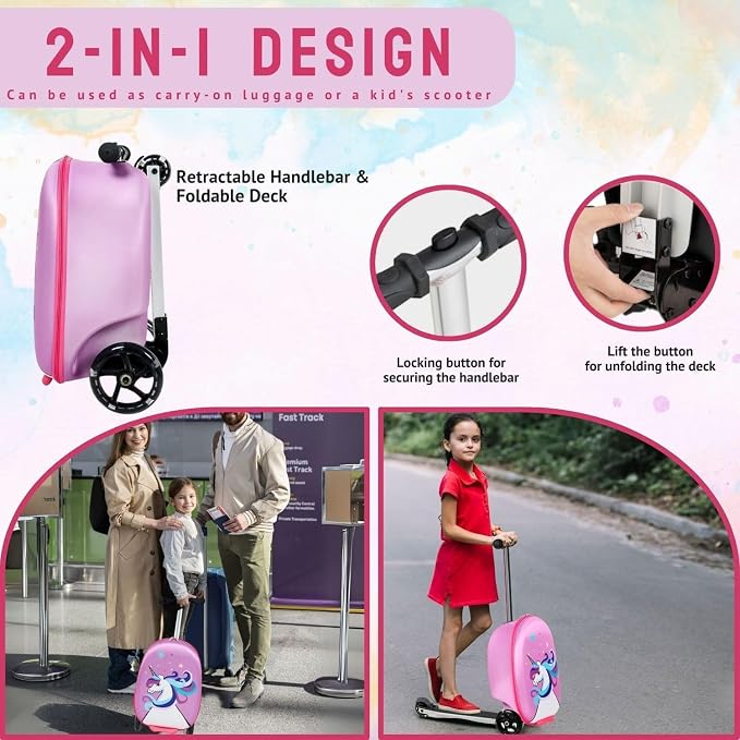 2 in 1 Kids Scooter Suitcase Cabin Approved  Foldable Ride On Travel Luggage with Non Slip Deck, Lightweight 18 Inch Carry-On Suitcase for Children 5+ Years