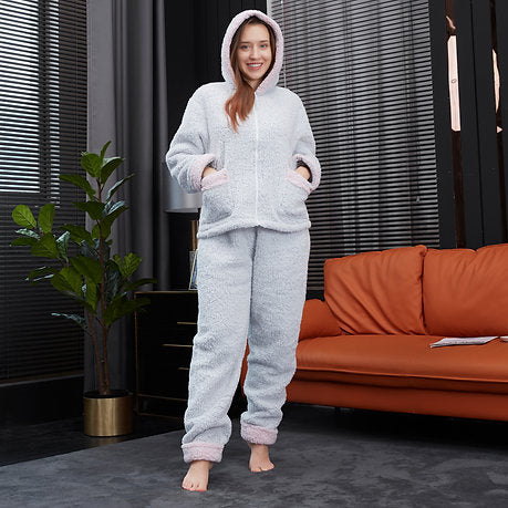 Women's Pyjama Set Snow Fleece Full Zip Hooded Top Nightwear PJ Set