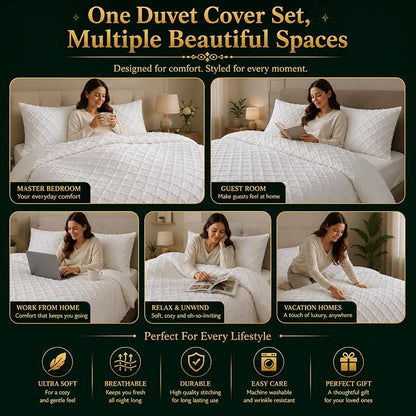 Double Duvet Cover Set Beige Tufted Bedding Set with 2 Pillowcases | Soft  Textured Geometric Quilt Cover with Hidden Zip