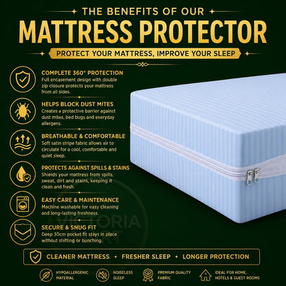 Satin Stripe Zipped Mattress Protector 30cm Deep Full Encasement Mattress Cover | Double Side Zip, Breathable & Hypoallergenic