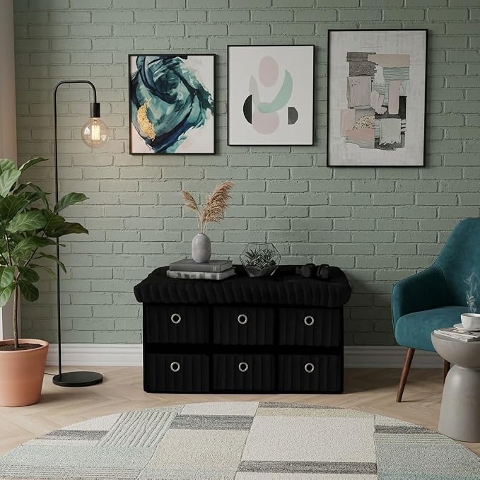 6 Drawer Ottoman Storage Bench with Velvet Cord Finish  Fabric Storage Chest, Padded Footstool Seat, Multipurpose Bedroom, Living Room & Hallway