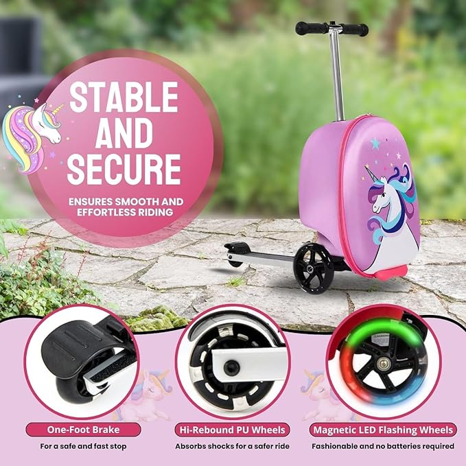 2 in 1 Kids Scooter Suitcase Cabin Approved  Foldable Ride On Travel Luggage with Non Slip Deck, Lightweight 18 Inch Carry-On Suitcase for Children 5+ Years