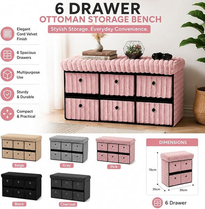 6 Drawer Ottoman Storage Bench with Velvet Cord Finish  Fabric Storage Chest, Padded Footstool Seat, Multipurpose Bedroom, Living Room & Hallway