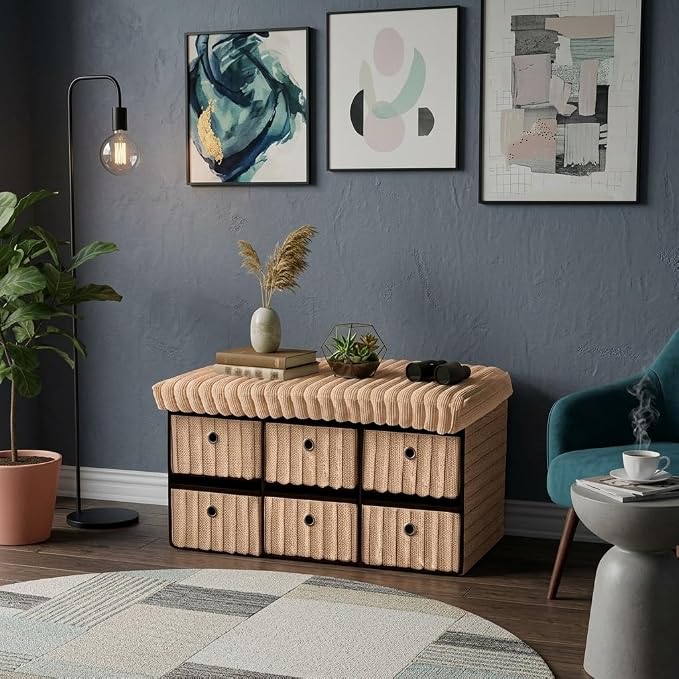 6 Drawer Ottoman Storage Bench with Velvet Cord Finish  Fabric Storage Chest, Padded Footstool Seat, Multipurpose Bedroom, Living Room & Hallway