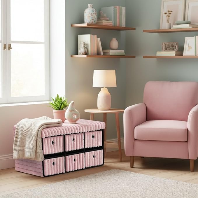 6 Drawer Ottoman Storage Bench with Velvet Cord Finish  Fabric Storage Chest, Padded Footstool Seat, Multipurpose Bedroom, Living Room & Hallway