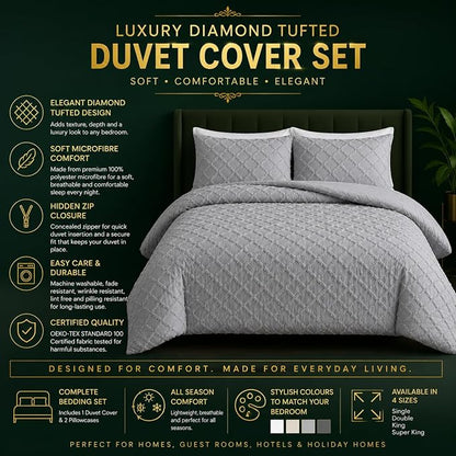 Double Duvet Cover Set Beige Tufted Bedding Set with 2 Pillowcases | Soft  Textured Geometric Quilt Cover with Hidden Zip