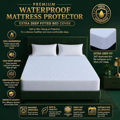 Small Double Waterproof Mattress Protector 30cm Deep Fitted Terry Mattress Cover | Breathable Anti Allergy Bed Protector
