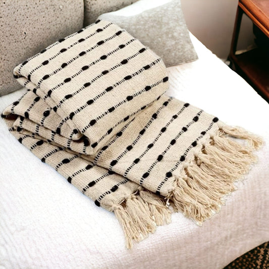 100% Cotton Throws Blankets for Sofa Chairs Bed Black Cream Colour Single Double Size