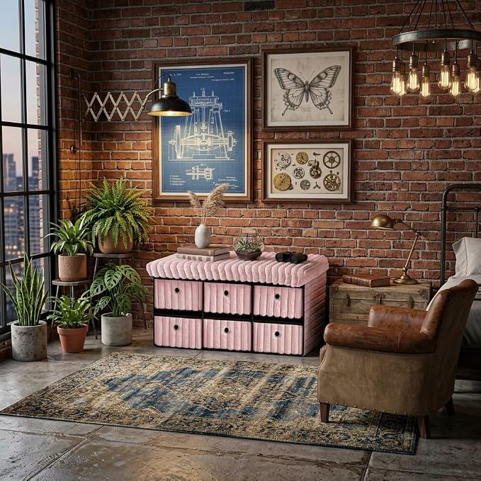 6 Drawer Ottoman Storage Bench with Velvet Cord Finish  Fabric Storage Chest, Padded Footstool Seat, Multipurpose Bedroom, Living Room & Hallway
