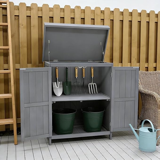 Wooden Garden Potting Shed with Lift Up Roof & Double Doors Outdoor Garden Storage Cabinet with Shelf Compact Wooden Tool Storage for Patio, Balcony & Allotment