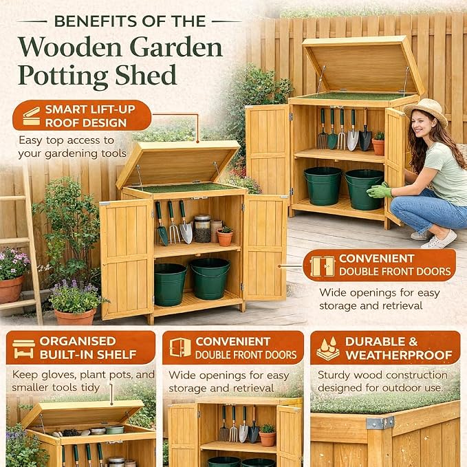 Wooden Garden Potting Shed with Lift Up Roof & Double Doors Outdoor Garden Storage Cabinet with Shelf Compact Wooden Tool Storage for Patio, Balcony & Allotment