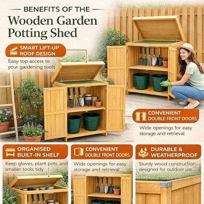 Wooden Garden Potting Shed with Lift Up Roof & Double Doors Outdoor Garden Storage Cabinet with Shelf Compact Wooden Tool Storage for Patio, Balcony & Allotment