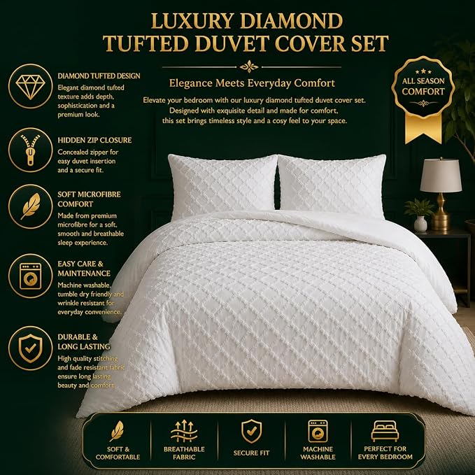 Double Duvet Cover Set Beige Tufted Bedding Set with 2 Pillowcases | Soft  Textured Geometric Quilt Cover with Hidden Zip
