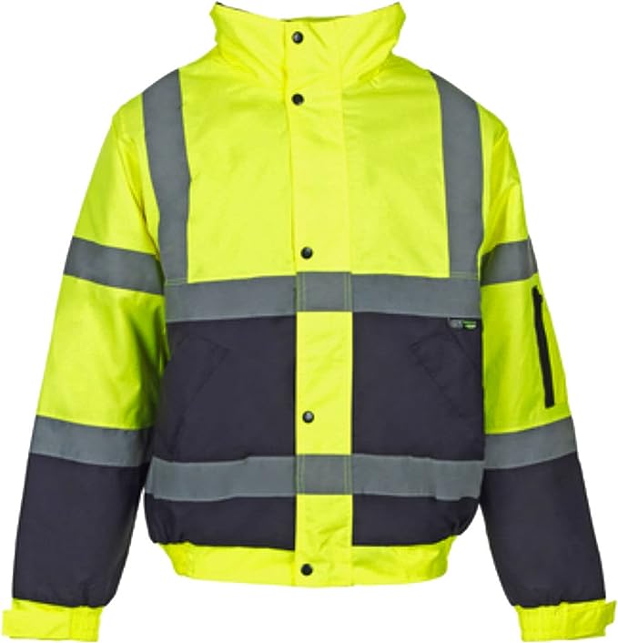 Mens Hi-Viz Vis High Visibility Bomber Safety Zip Jacket Security Work Hood Coat