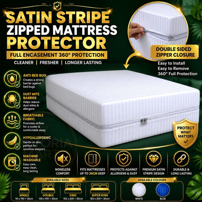 Satin Stripe Zipped Mattress Protector 30cm Deep Full Encasement Mattress Cover | Double Side Zip, Breathable & Hypoallergenic