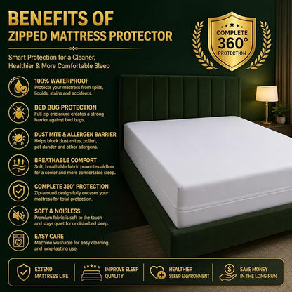 30cm Deep Fit Mattress Protector  Waterproof Full Encasement Zipped Mattress Cover  Double Sided Zip Closure  Hypoallergenic & Breathable