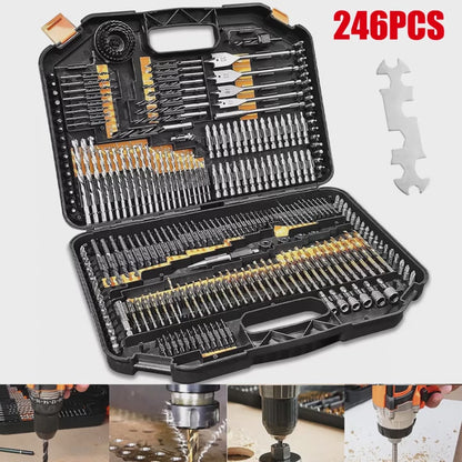 246PCS Professional Drill Bit & Screwdriver Bit Set  Titanium Coated HSS Drill Bits for Wood, Metal & Masonry with Magnetic Bit Holder & Storage Case