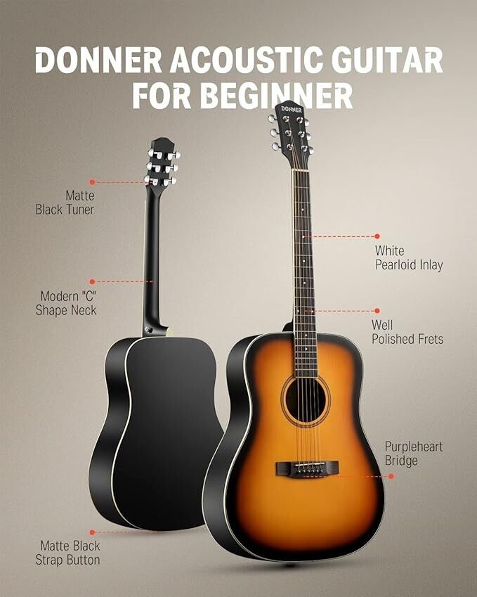Donner Acoustic Guitar for Beginner Adult Full Size Dreadnought 41 Inch